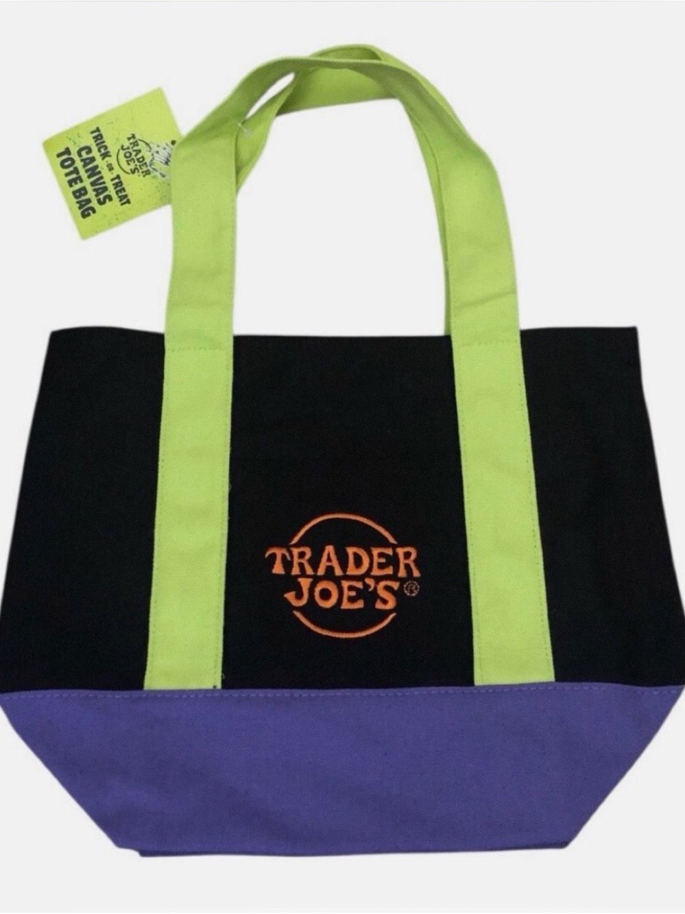 Trader Joe's Black Canvas Tote with Lime Handles and Purple Base